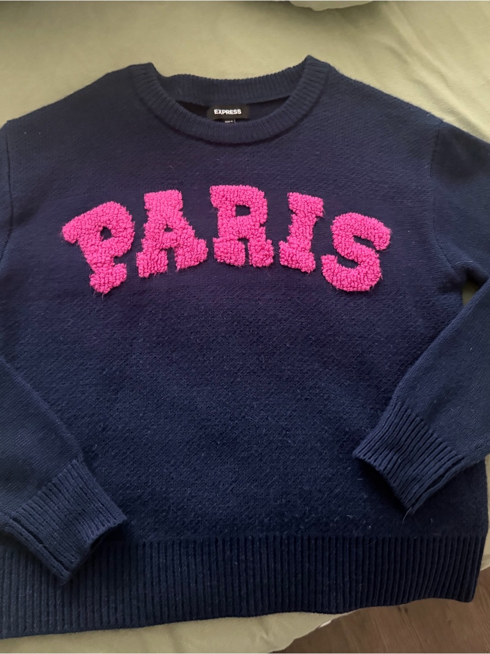 Express Navy Crewneck Sweater with Pink Chenille 'PARIS'